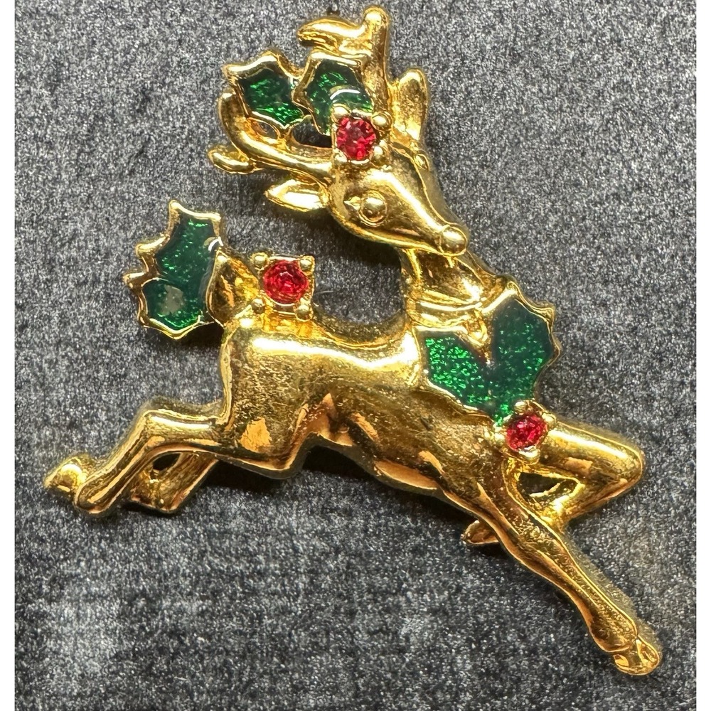 Vintage Gold Tone Reindeer Brooch Red Rhinestone Green Enamel Christmas Avon Pin